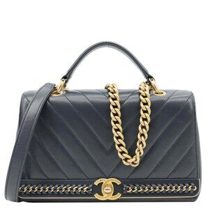 Chanel  Coco Stitched Flap Chevron Leather Chain Top Handle Shoulder Bag Navy